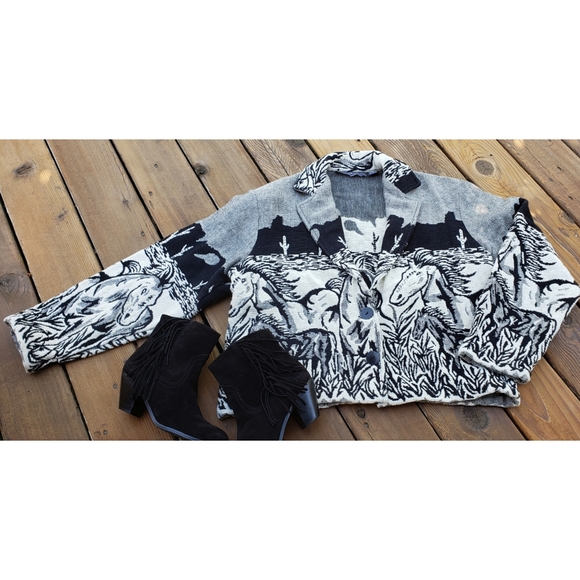 Vintage Jackets & Blazers - VTG Southwest Horses Cropped Tapestry Jacket XL